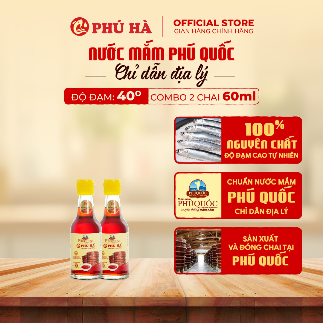 Nước mắm Phú Quốc Chỉ Dẫn Địa Lý Phú Hà Cao Cấp 40 độ đạm - Combo 2 chai 60ml