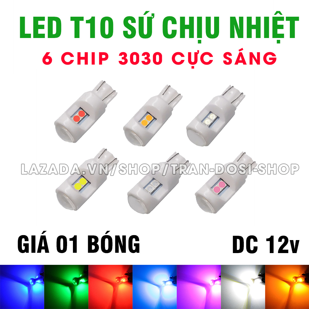 01 bóng đèn LED T10 ĐÚC SỨ 6smd 3030 lắp cho demi, xi nhan xe máy, ô tô DC 12v