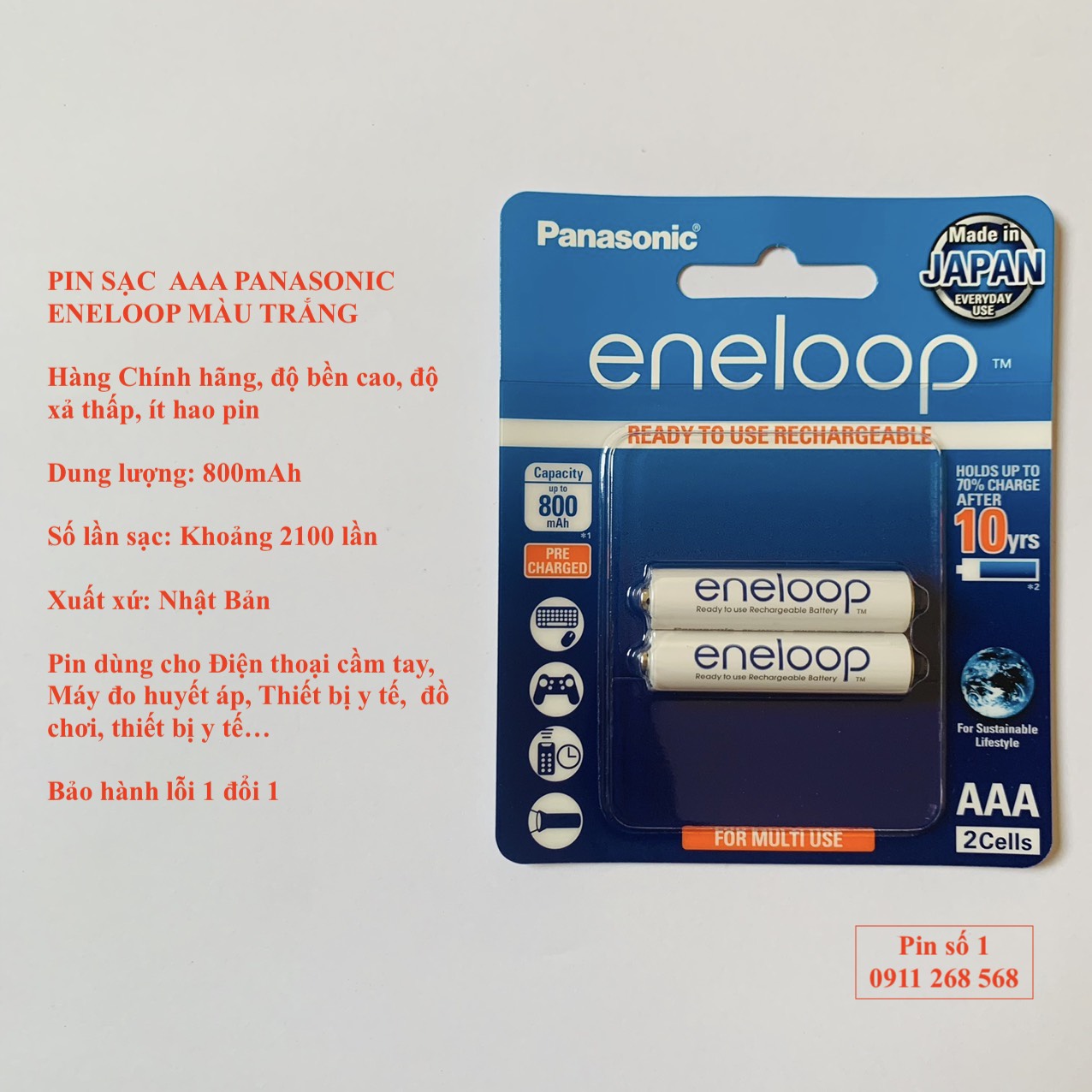 Pin sạc AAA Panasonic Eneloop 800 mAh màu trắng
