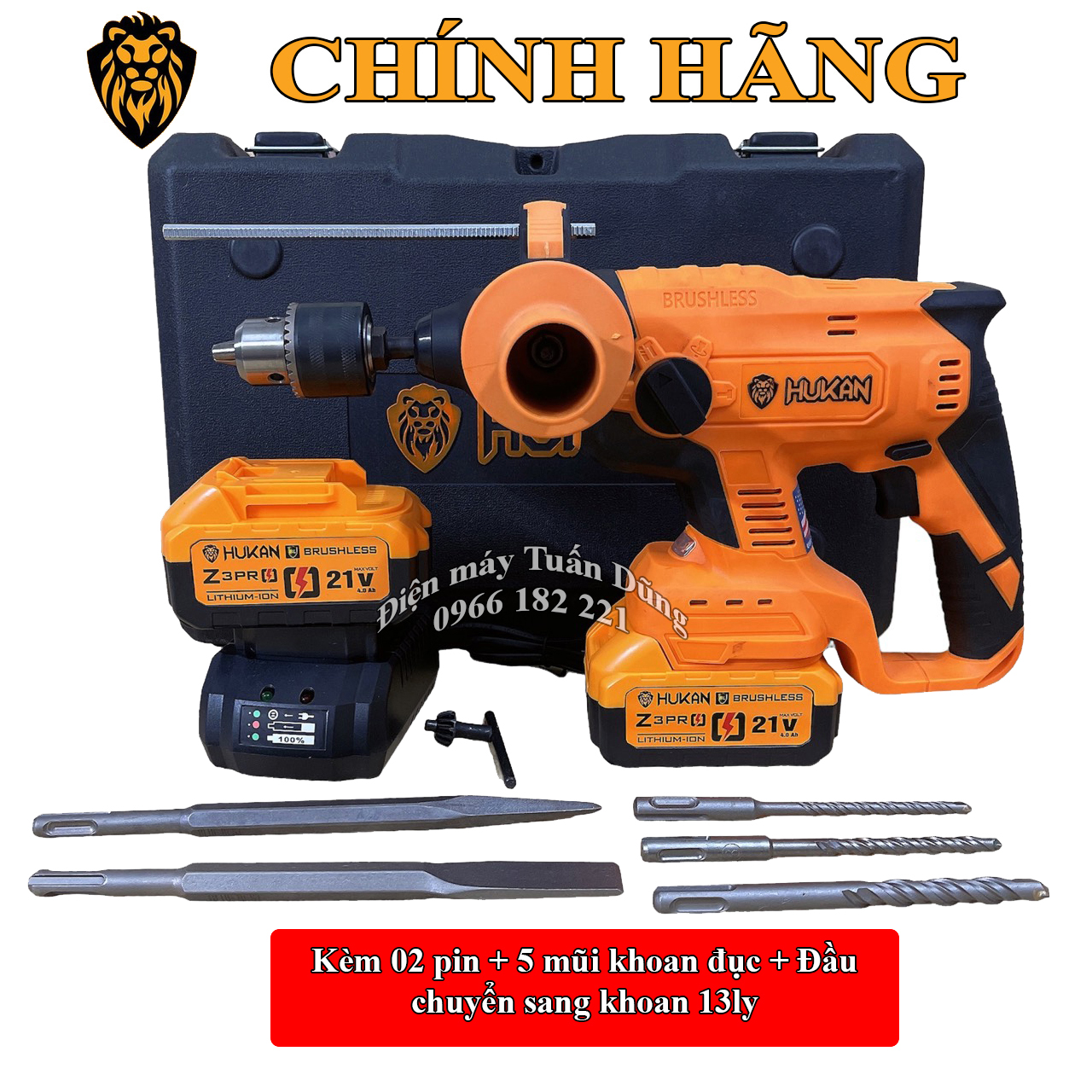 Máy khoan đục bê tông dùng pin Hukan Z3 Pro Tặng 5 mũi+Đầu khoan 13mmS Động cơ Không Chổi Than