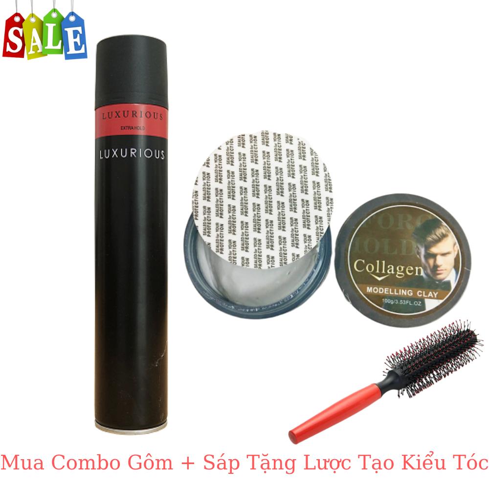 Combo gôm + sáp collagen, tặng lược tạo kiểu, gôm xịt tóc luxurious- keo xịt tóc- gôm xịt giữ nếp tóc cho nam nữ 415ml- hương thơm tự nhiên không bết dính- không độc hại- giá hủy diệt- khuyến mại lớn