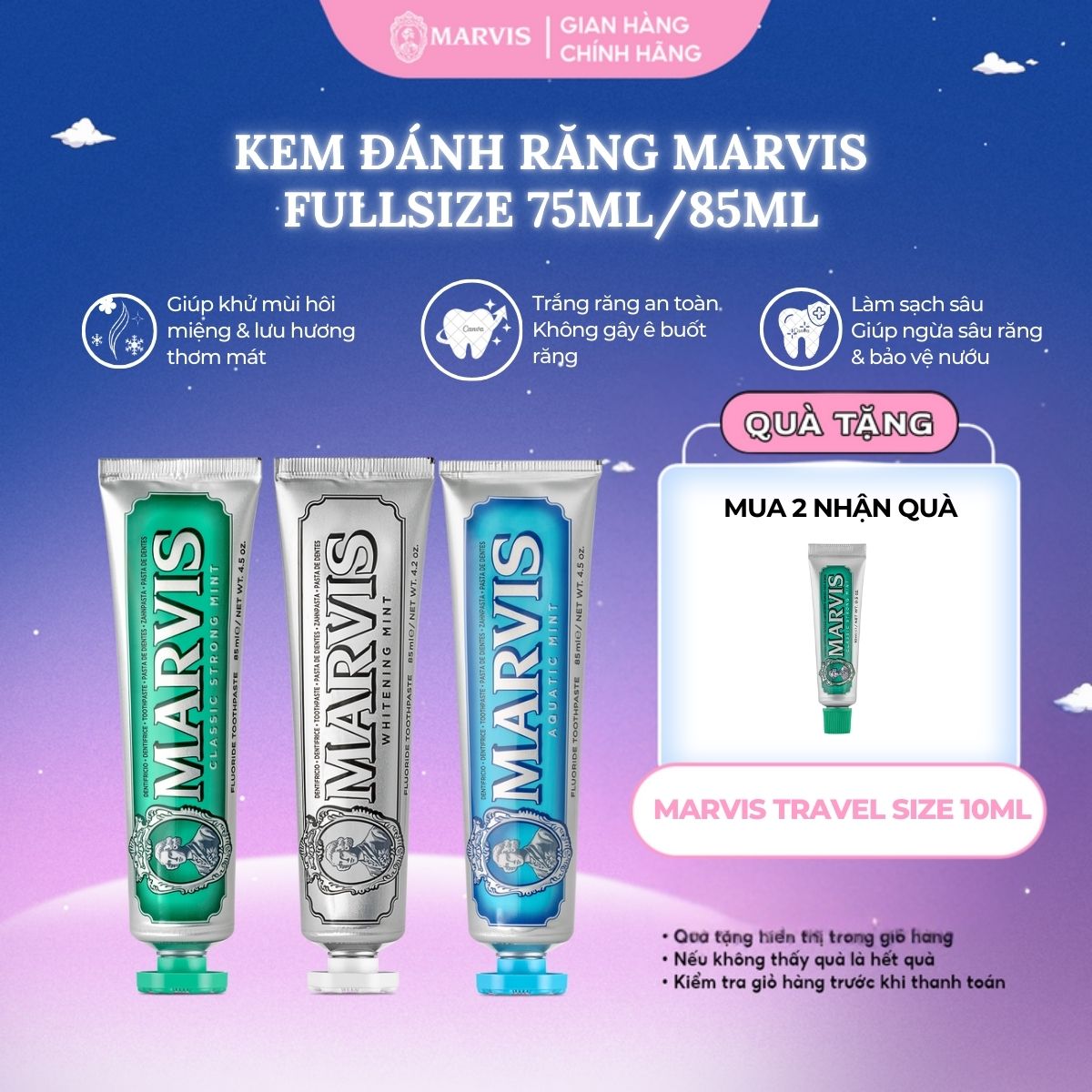 Kem Đánh Răng Marvis FullSize 75/85ml - Hỗ trợ làm trắng, giảm ố vàng, hơi thở thơm mát