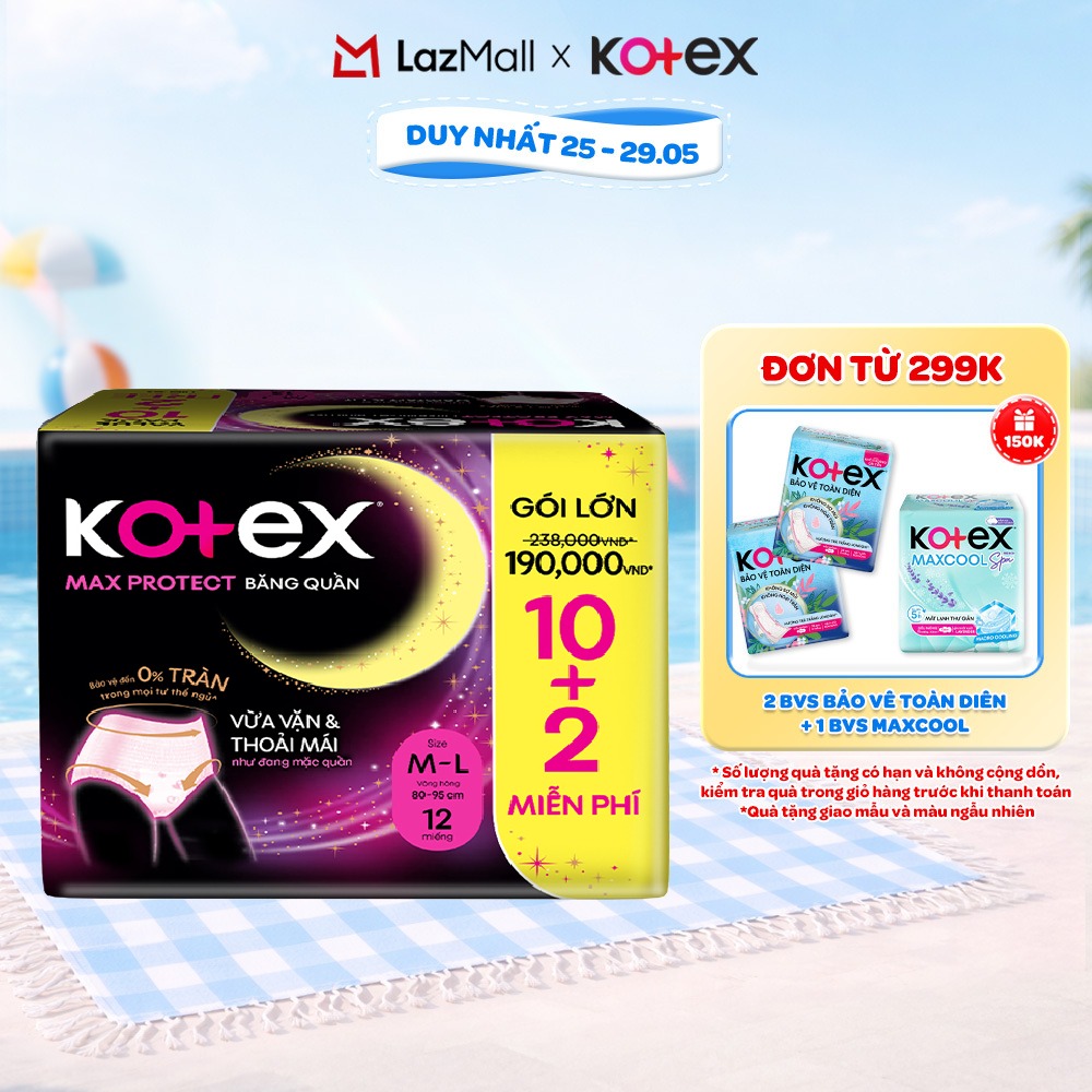 Combo 2/Combo 4/Combo 8/Băng Vệ Sinh Dạng Quần Kotex Ban Đêm Cỡ M/L (10+2) Miếng/Gói