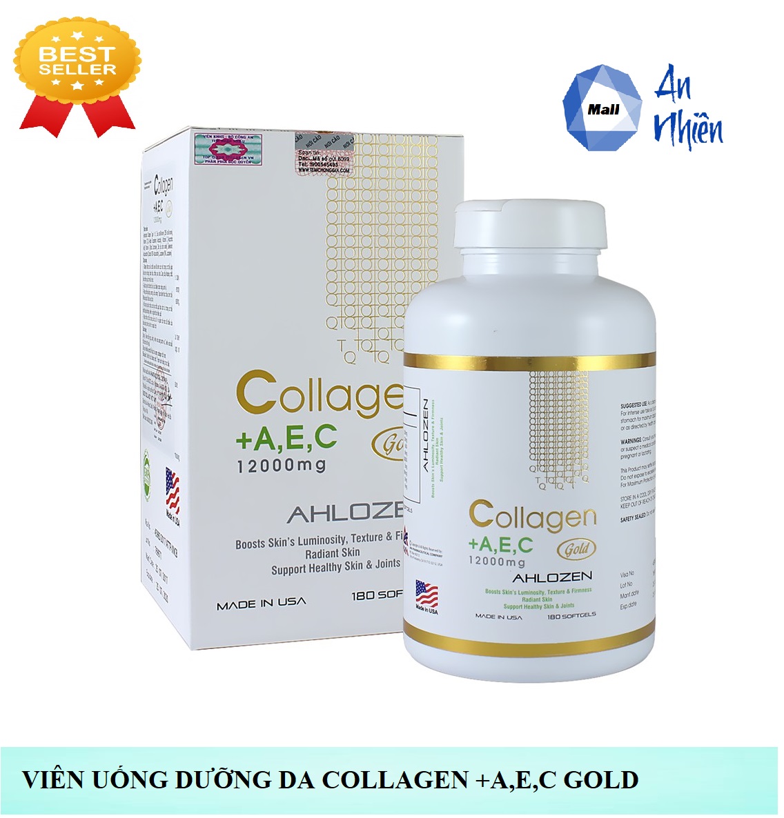 Viên Uống Dưỡng Da Ahlozen Collagen +AEC 1200mg - Hộp 180 Viên