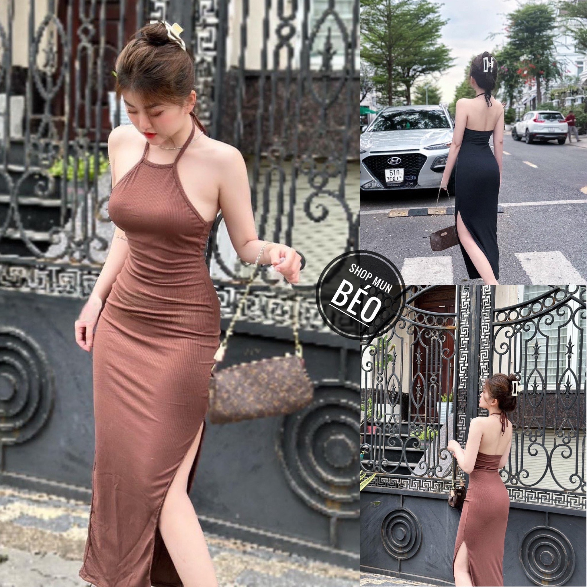 Đầm body cổ yếm hở lưng xẻ đùi có mút chất thun gân thích hợp mặc đi tiệc đi làm đi chơi