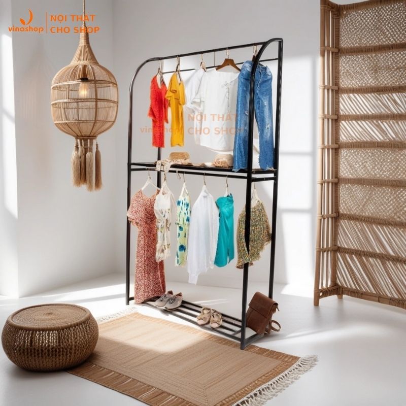 Vns-005 xào giá xưởng sào treo quần áo, váy, đầm 2 tầng sắt sơn tĩnh điện loại dày. dàn, kệ cánh buồm 2 tầng