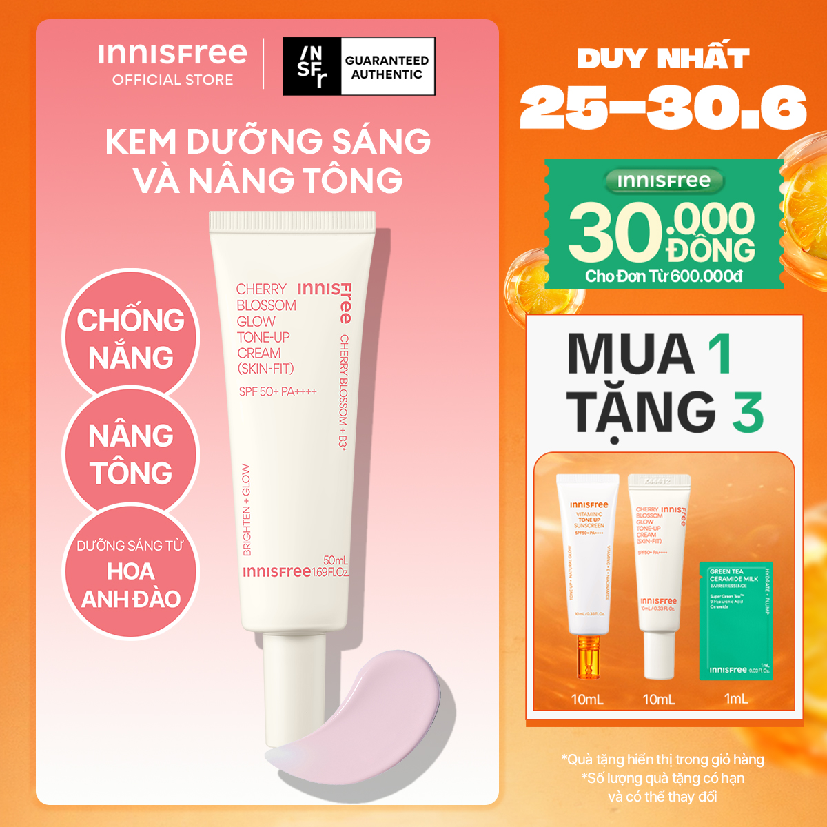 Kem dưỡng ẩm làm sáng chống nắng cho da INNISFREE Jeju Cherry Blossom Skin-Fit Tone-Up Cream SPF 50+PA++++ 50ml