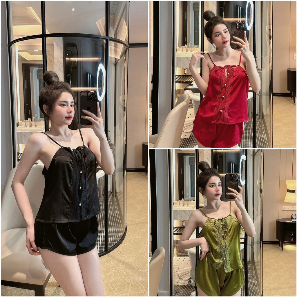 Đồ ngủ đồ bộ pyjama set áo dây rút nút ngọc quần đùi lụa latin siêu xinh - freesize
