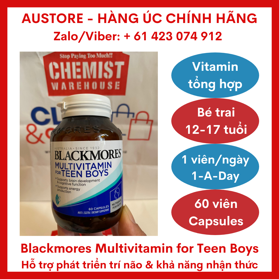[Bill Úc, Date mới] Blackmores Multivitamin for Teen Boys 60 Capsules - Vitamin tổng hợp Blackmore Úc cho bé trai, bổ sung vitamin & khoáng chất hỗ trợ sự tăng trưởng & phát triển khỏe mạnh