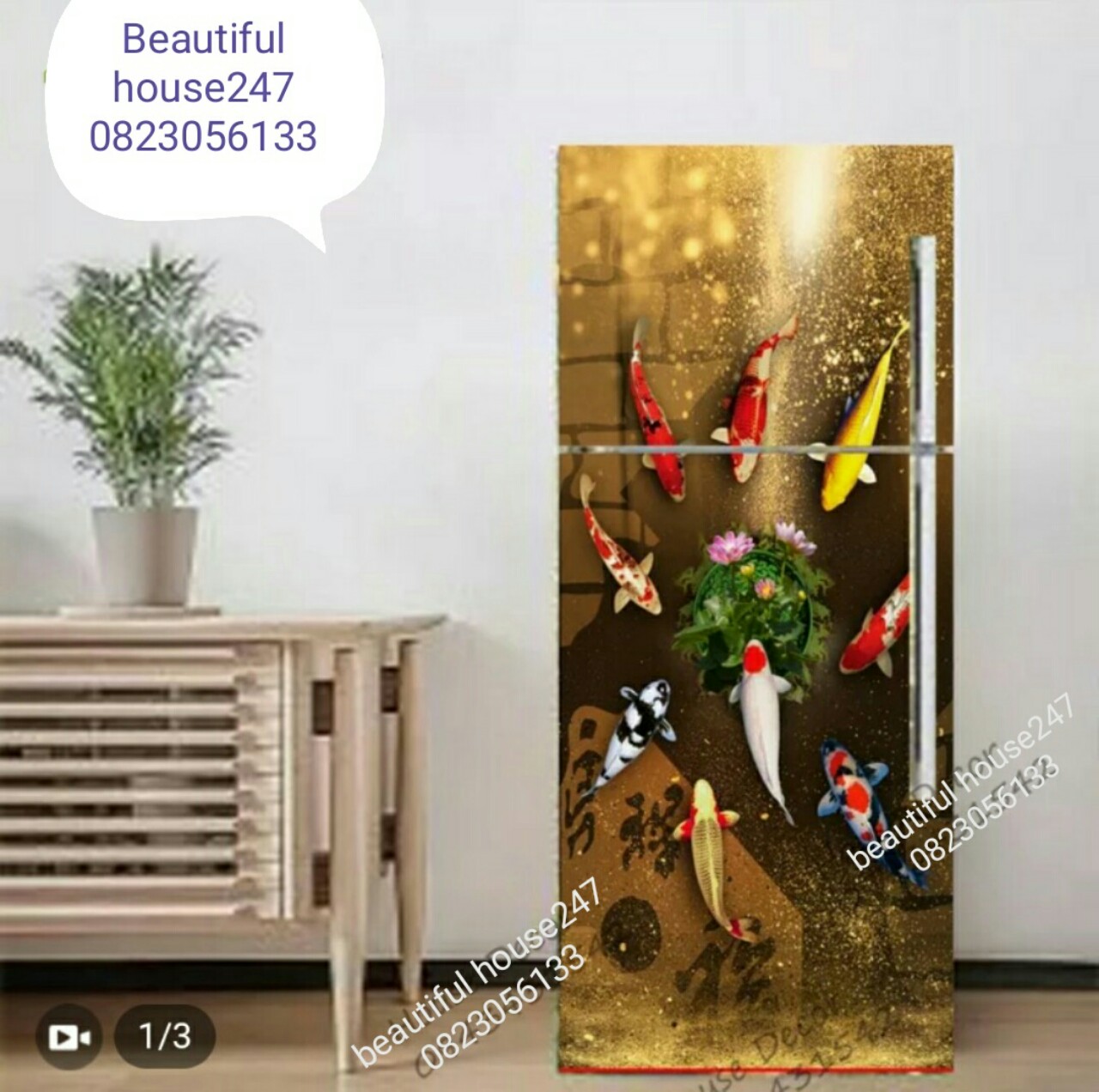 Rẻ Vô Địch - Tranh Dán Tủ Lạnh - Miếng Dán Tủ Lạnh - Decal tủ lạnh 3D, Mẫu Cửa Ngư Đồ ,Tranh Phủ Bóng Bề Mặt ,Chống Thấm Chống Mốc, Phù Hợp Mọi Loại Tủ - Cá Sen