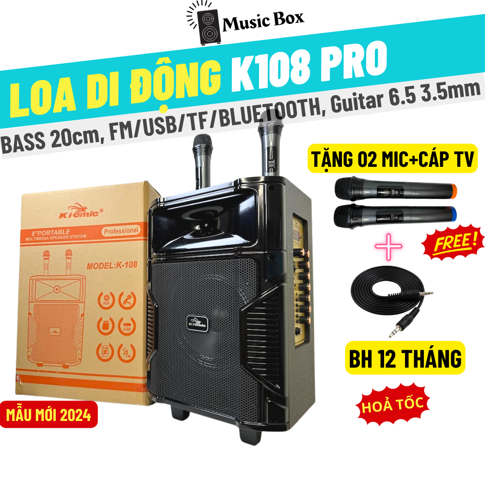 [Tặng 02 Micro] Loa Kéo Di Động Karaoke Bluetooth K108 Kiomic Âm Thanh Cực Đỉnh 100W Tặng Kèm Micro Không Dây Cao Cấp - BH 12 Tháng