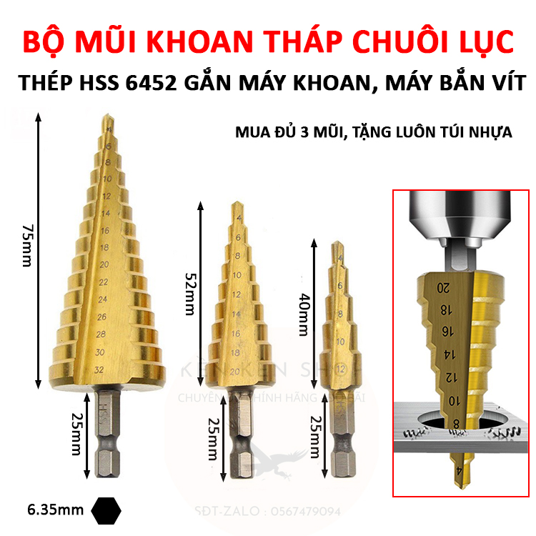 Mũi khoan tháp chuôi lục giác 6.3mm