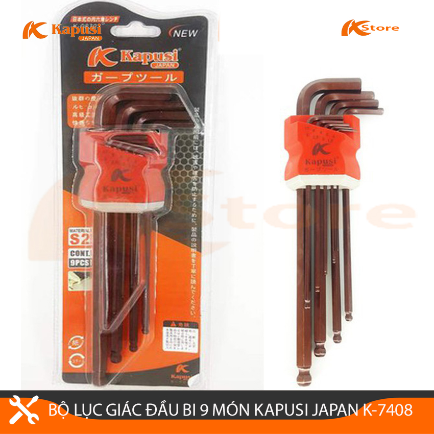 BỘ LỤC GIÁC ĐẦU BI 9 MÓN KAPUSI JAPAN K-7408, BỘ LỤC GIÁC CHỮ L