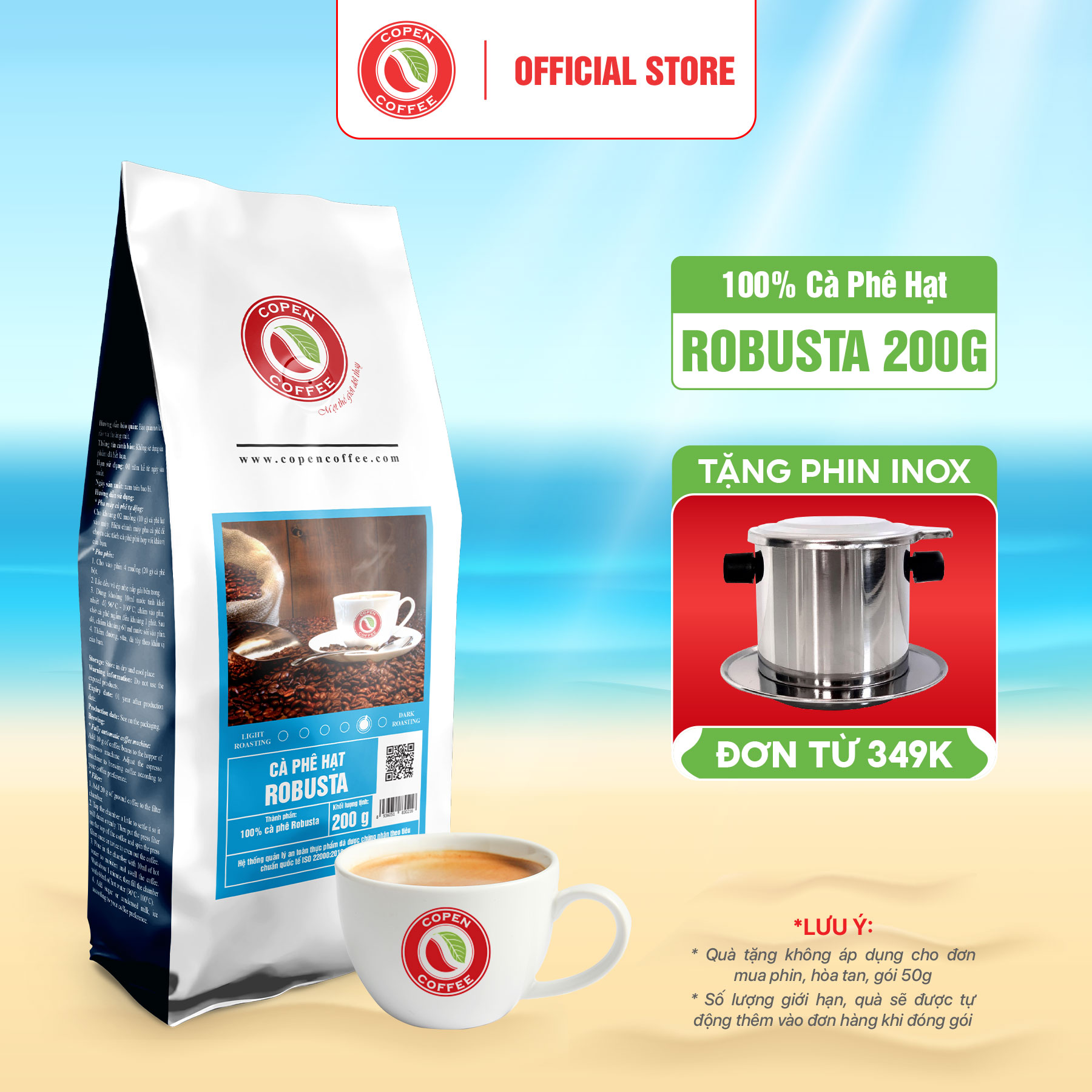 Cà phê hạt Robusta rang mộc nguyên chất - Copen Coffee 200G/GÓI - Gu truyền thống pha phin đắng đậm, thơm nồng