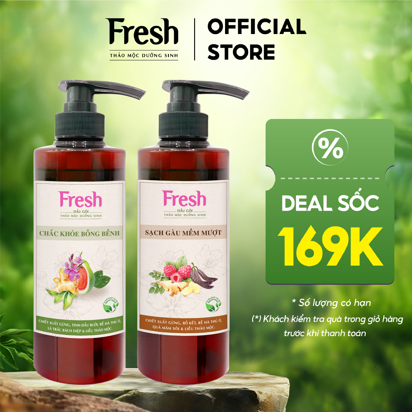 Combo 2 Dầu gội Fresh Thảo mộc dưỡng sinh Sạch gàu mềm mượt + Chắc khỏe bồng bềnh 480g/chai