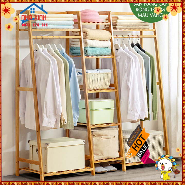 GIÁ TREO ĐA NĂNG, GIÁ TREO QUẦN ÁO, GIÁ ĐỂ ĐỒ 9 NGĂN BẰNG GỖ TRE ÉP NHIỆT CAO CẤP, KÍCH THƯỚC 130X140X40CM