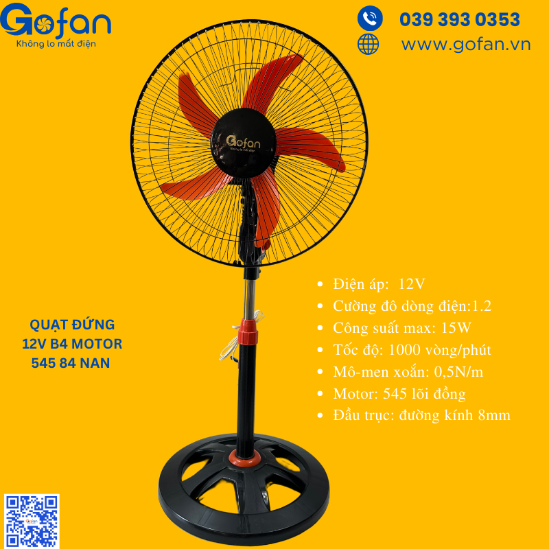 Quạt 12v b4-quạt kẹp bình 12v b4 -quạt đứng 12v-gofan-motor 545-cao 1m-5 cánh-84 nan-quạt đứng công nghiệp 12v-mô tơ 545
