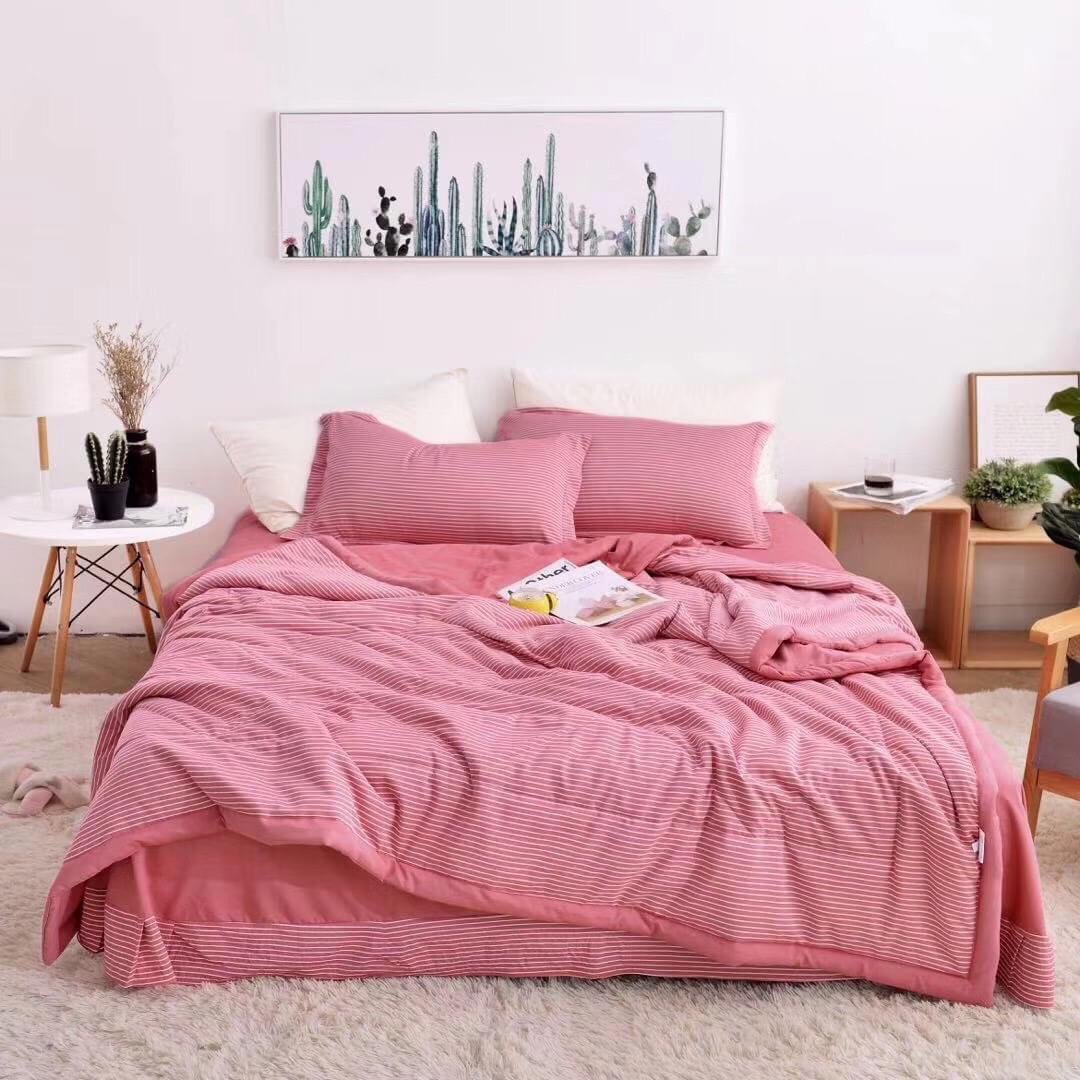 Bộ chăn ga hè cotton đũi Muji   thỏ bedding  , màu kẻ caro đen trắng  - tặng 1 quà tặng ngẫu nhiên