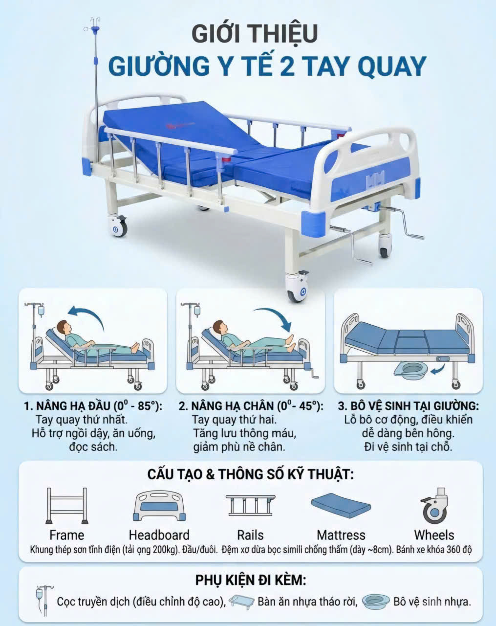 Giường y tế 2 quay nhập khẩu