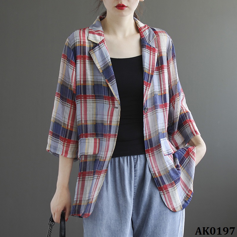 Ak0197-áo khoác vest linen caro kẻ sọc