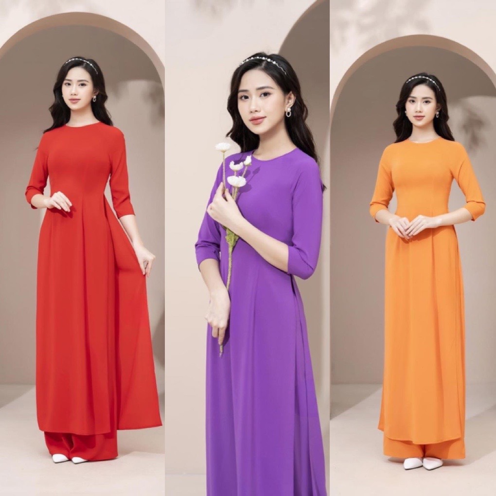 Áo dài trơn truyền thống màu đỏ- tím huế- cam