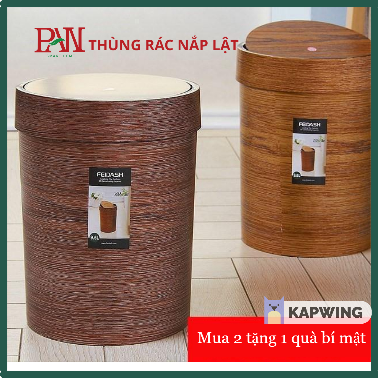 Thùng rác lật tròn Pan Smart Home Thùng rác có nắp thùng rác thông minh vân gỗ
