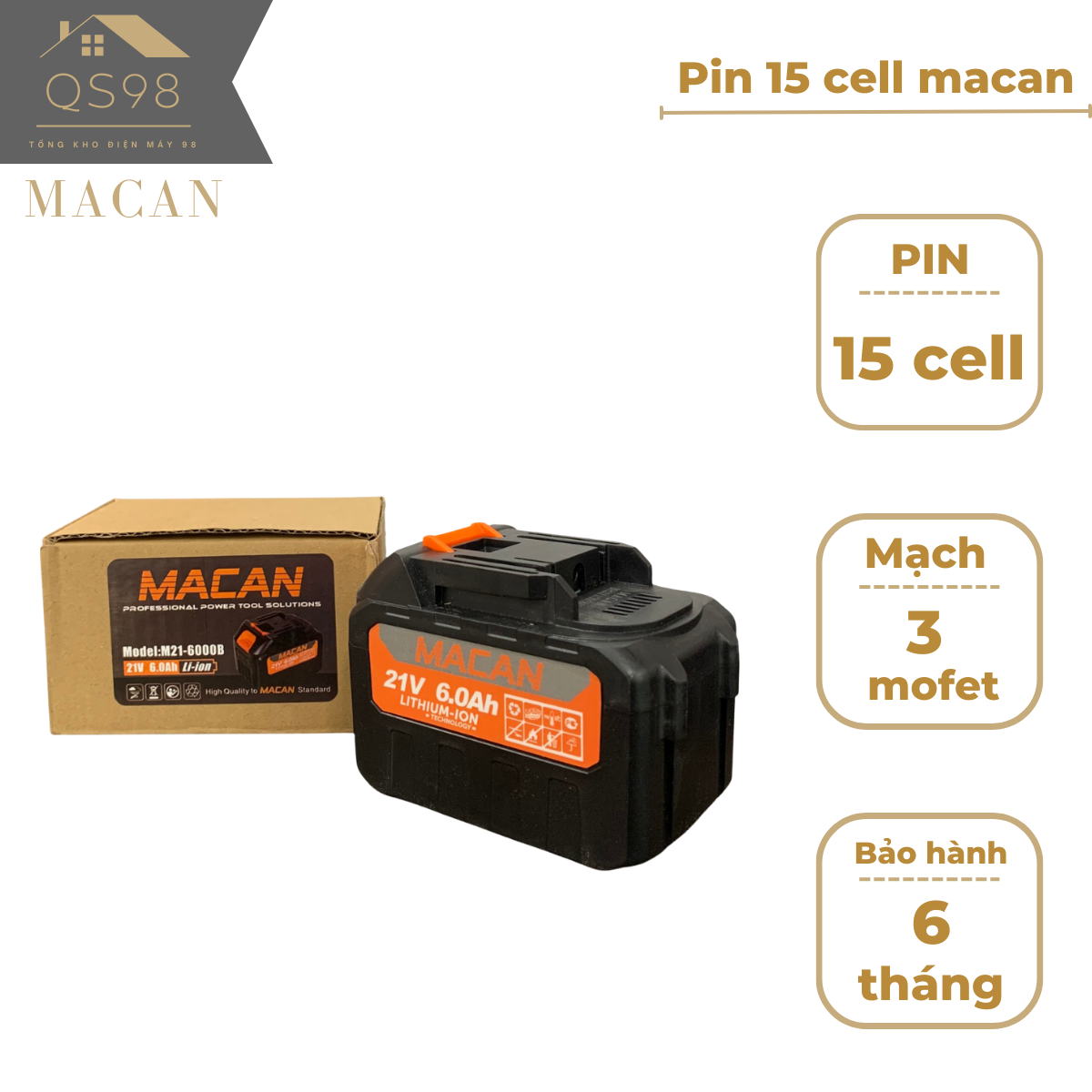 Pin 15cell Macan dung lượng cao chân pin phổ thông sử dụng cho tất cả các loại máy khoan trên thị trường