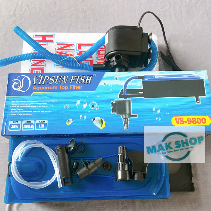 Trọn Bộ Máy Bơm Lọc Nước Hồ Cá Cảnh 35W vs-9800, Cho Hồ 1m-1m4, Gồm Máng Lọc, Bông Lọc, Dây Ống Đầy Đủ, Về Xài Ngay