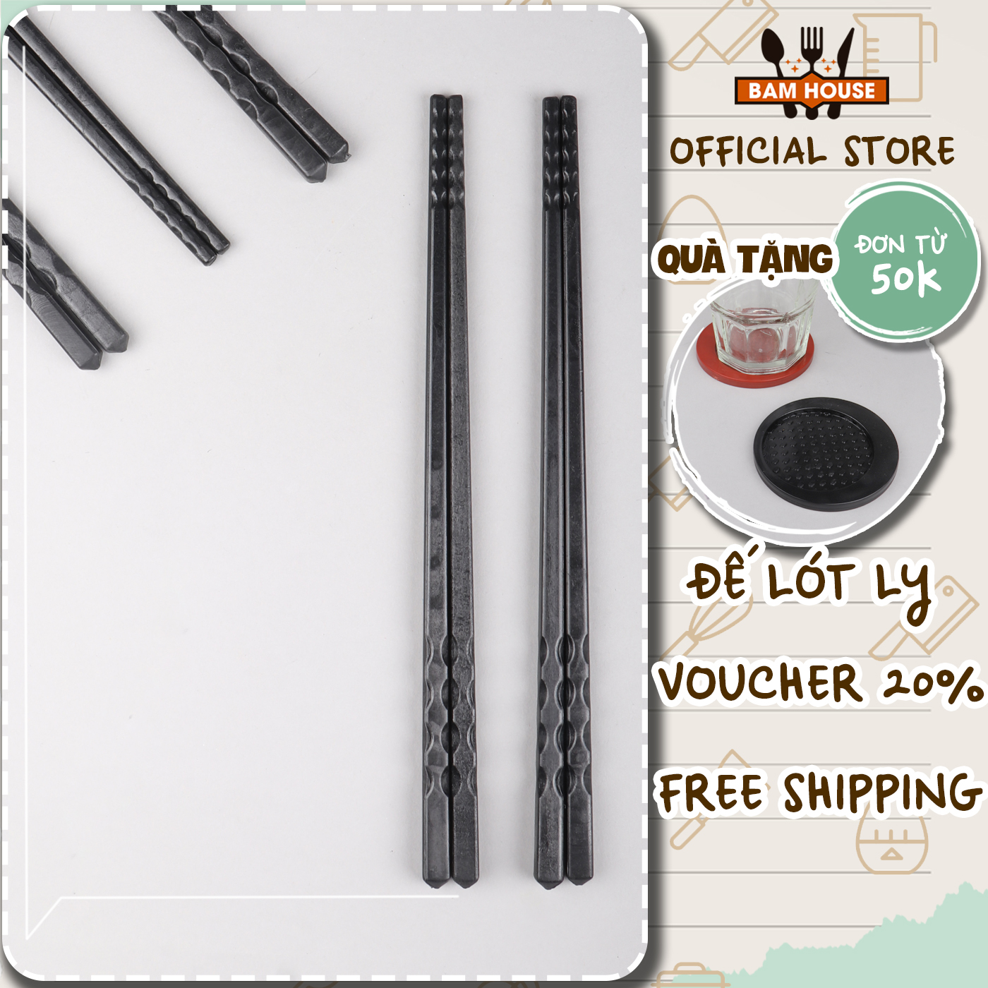 Bộ 10 đôi đũa nhựa chịu nhiệt Bam House màu đen đầu nhám cao cấp DND04 - Gia dụng bếp