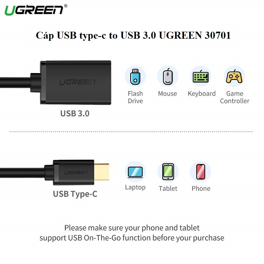 Cáp otg usb type c usb 3.0 ugreen 30701