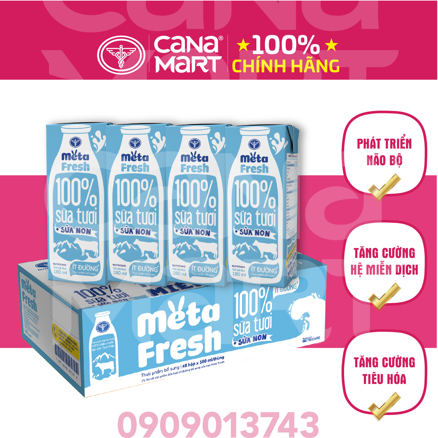 Thùng sữa tươi Nutricare Meta Fresh Ít Đường sữa non tăng cường miễn dịch (180ml)