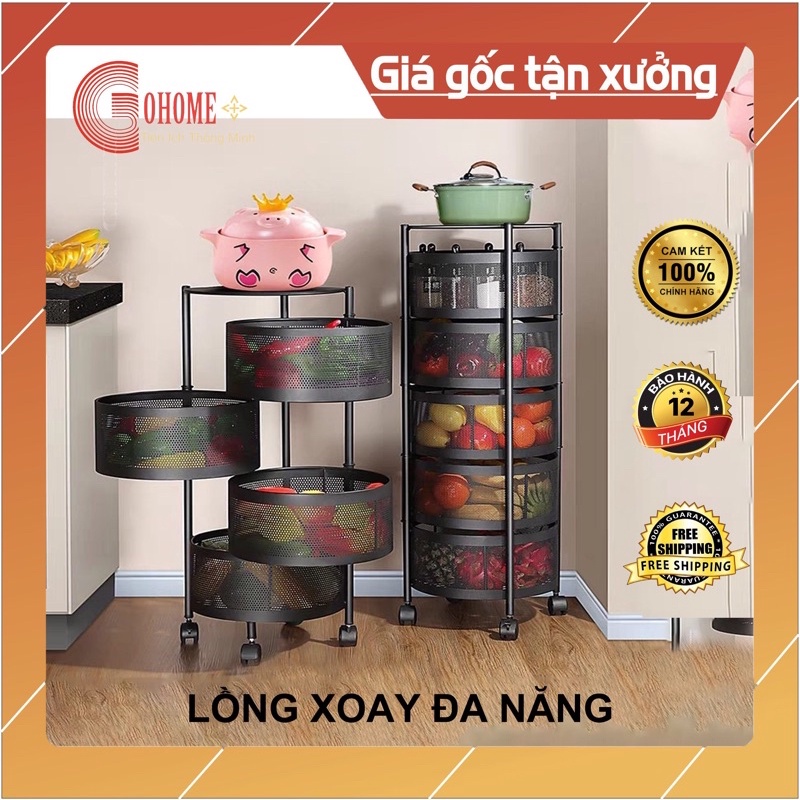 Kệ Xoay tròn Đa Năng .Kệ Rau Củ Quả Phòng bếp 3/4/5 Tầng Có Bánh Xe Di Chuyển.