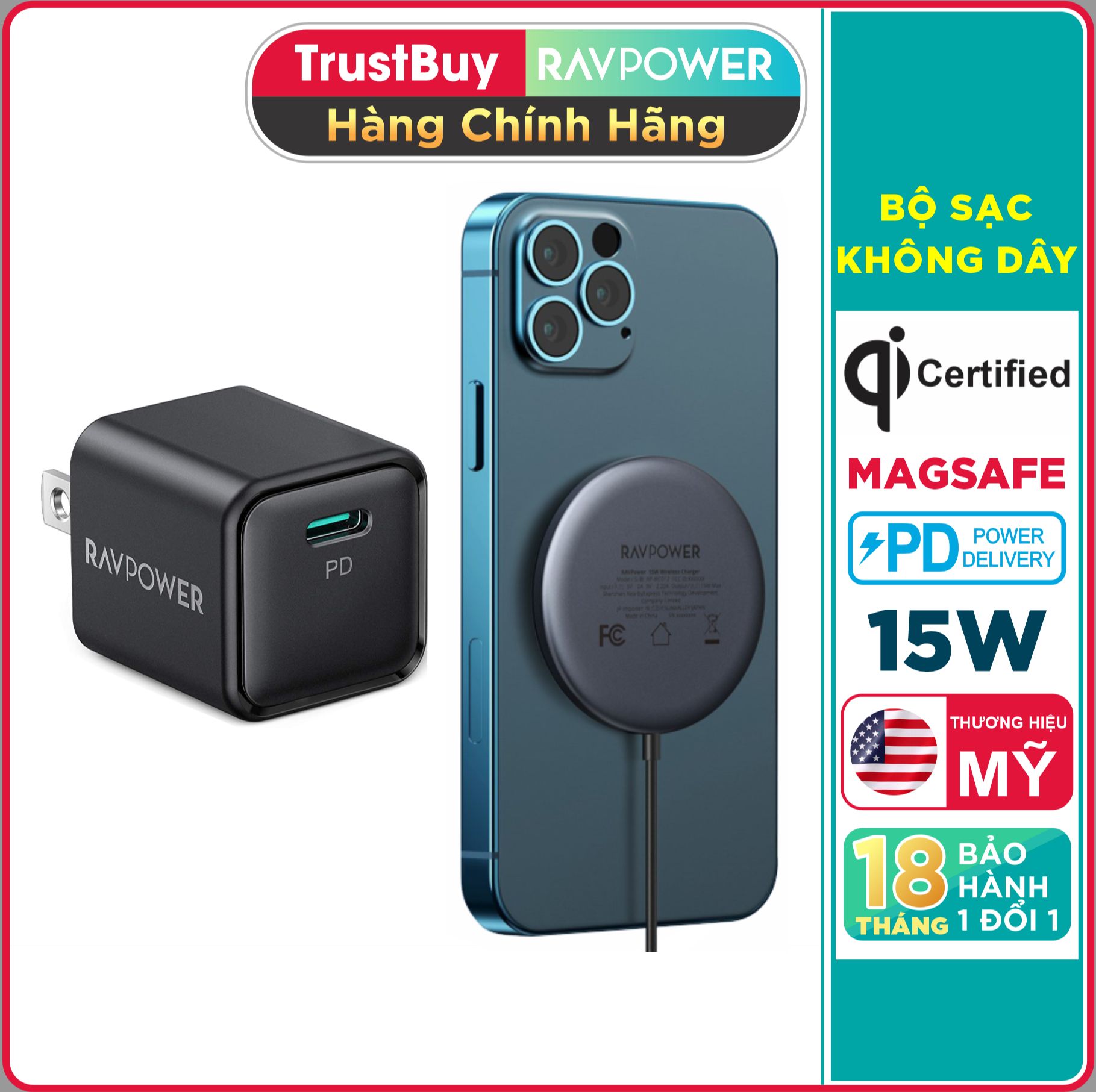 Sạc Không Dây MagSafe 15W RAVPower RP-WC012-WC-B Kèm Củ Sạc Type C 20W - wireless charger