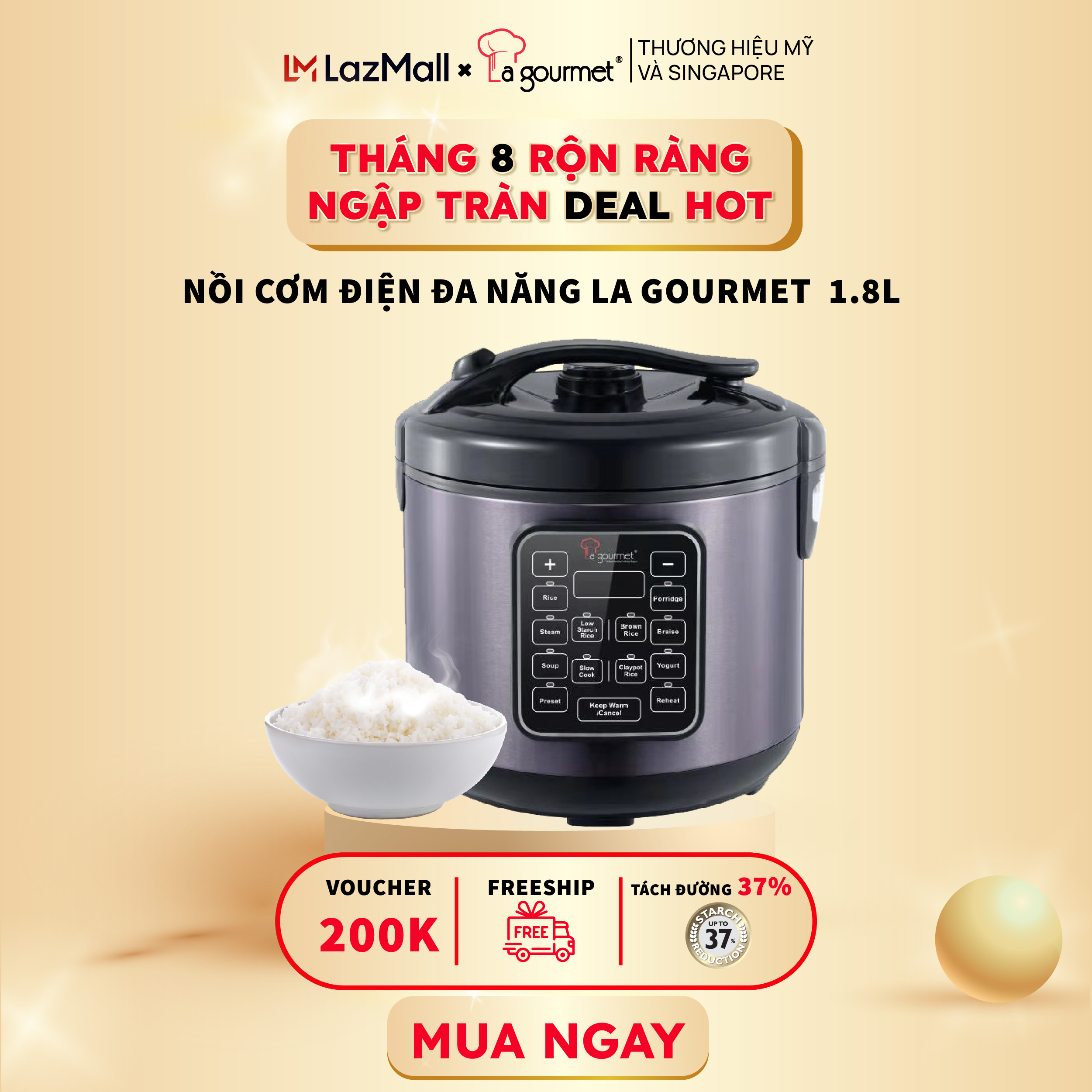 Nồi cơm điện đa năng giảm tinh bột  La gourmet- 1.8L  Hàng phân phối chính hãng- được TẶNG kèm lòng nồi inox 600K,  công suất 900w,- 12 chức năng nấu nướng-363992