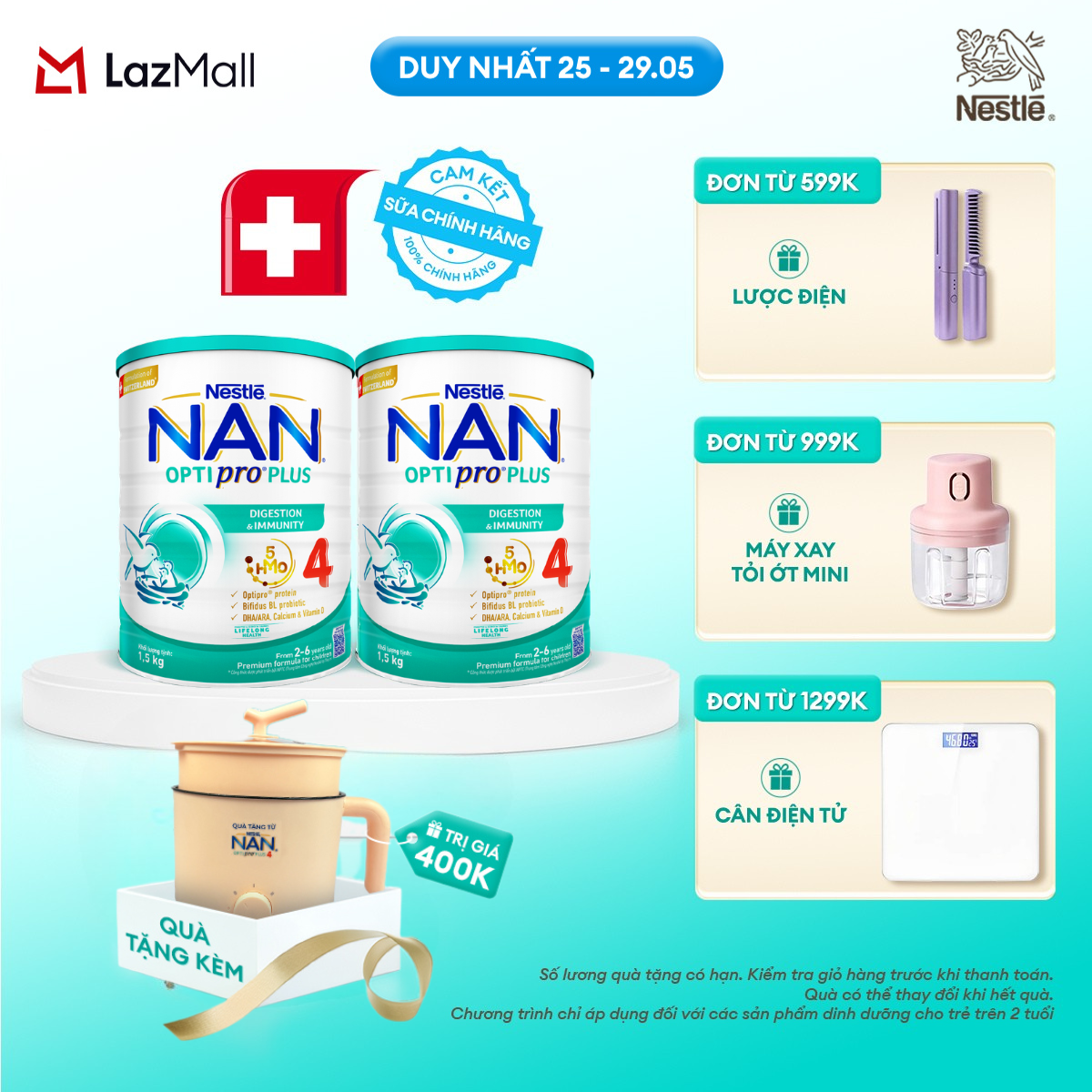 [Chỉ 25-29.05 QT Đơn 599K/999K/1299K][Tặng Nồi lẩu điện] Bộ 2 lon Sữa bột Nestlé NAN OPTIPRO PLUS 4 1500g/lon với 5HMO Giúp tiêu hóa tốt cho bé từ 2 - 6 tuổi Sữa công thức dinh dưỡng cho trẻ giúp hỗ trợ tiêu hóa, đề kháng, trí não và phát triển toàn