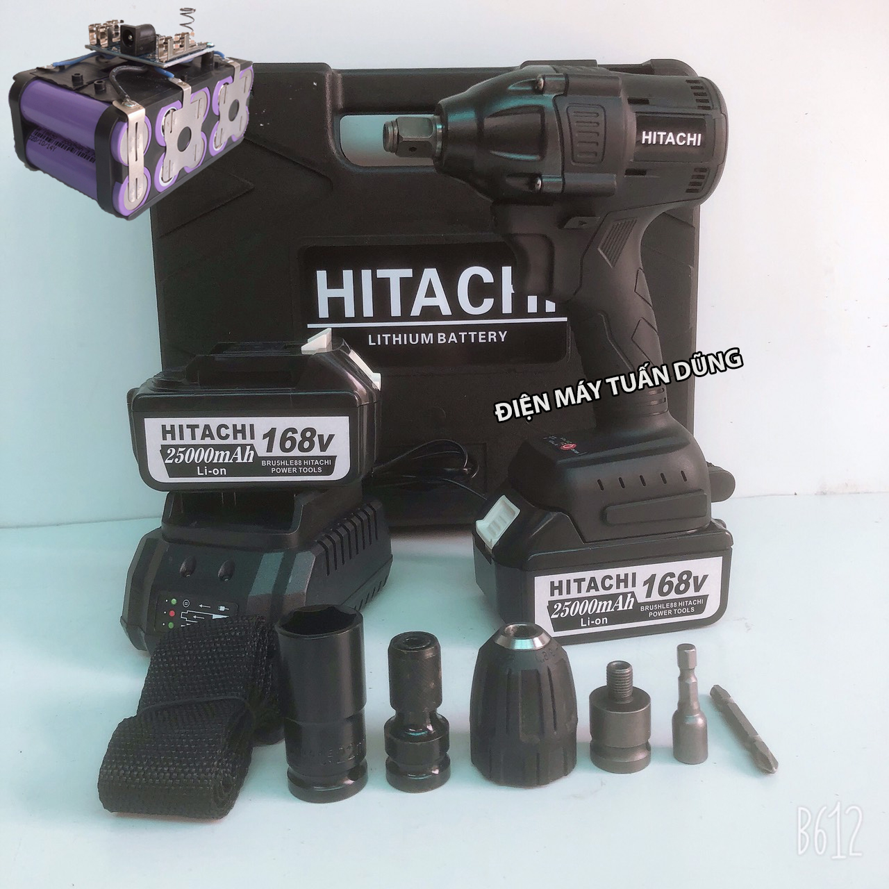 Máy bắn bulong dùng pin Hitachi 168V Động cơ không chổi than KÈM 2 PIN TÍM và 01 BỘ CHUYỂN ĐỔI