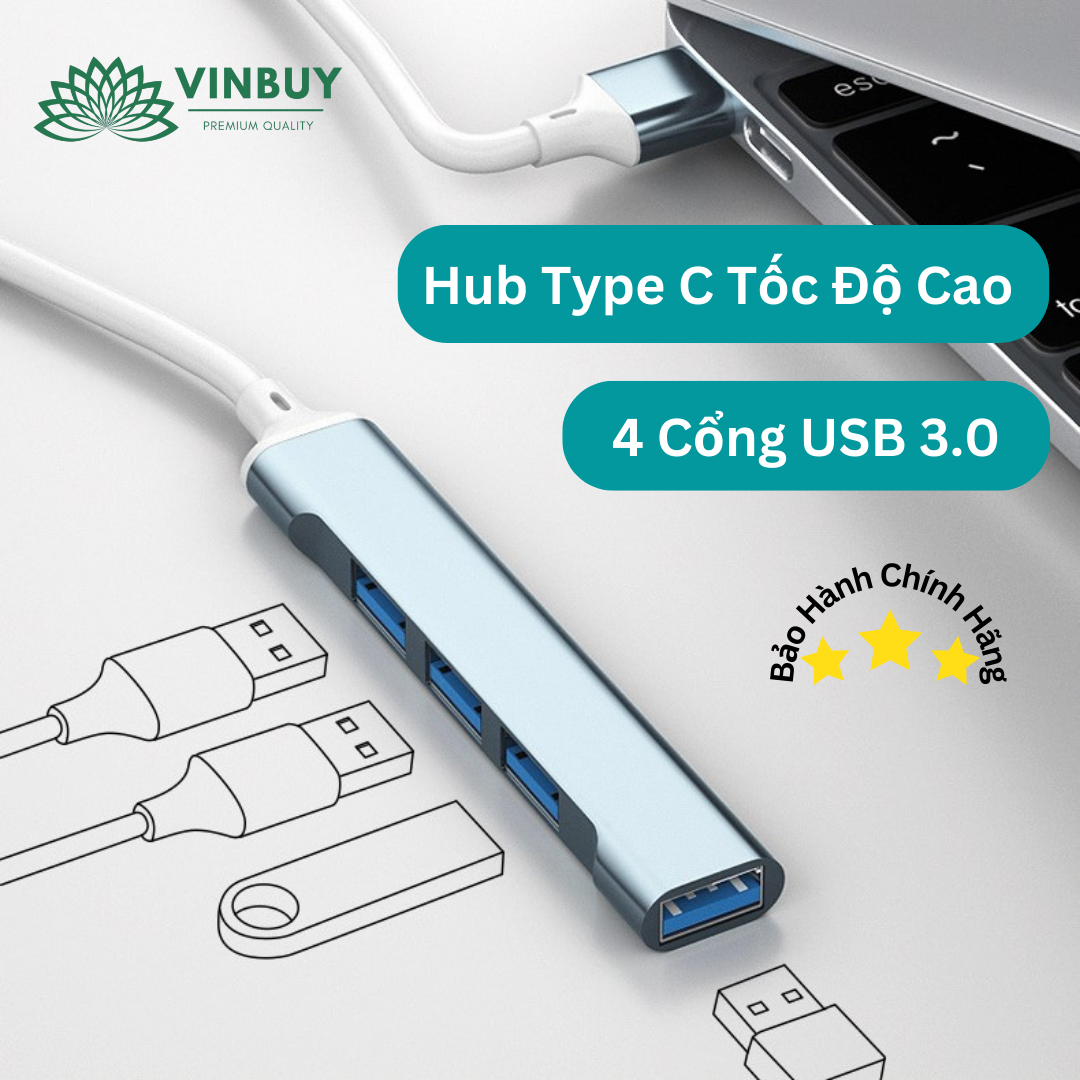 Hub USB 3.0 Và Hub Type C Đầu Ra 4 Cổng USB 3.0, Cổng Chuyển Đổi Dành Cho Macbook, Laptop, PC - Hàng Chính Hãng - VinbUy