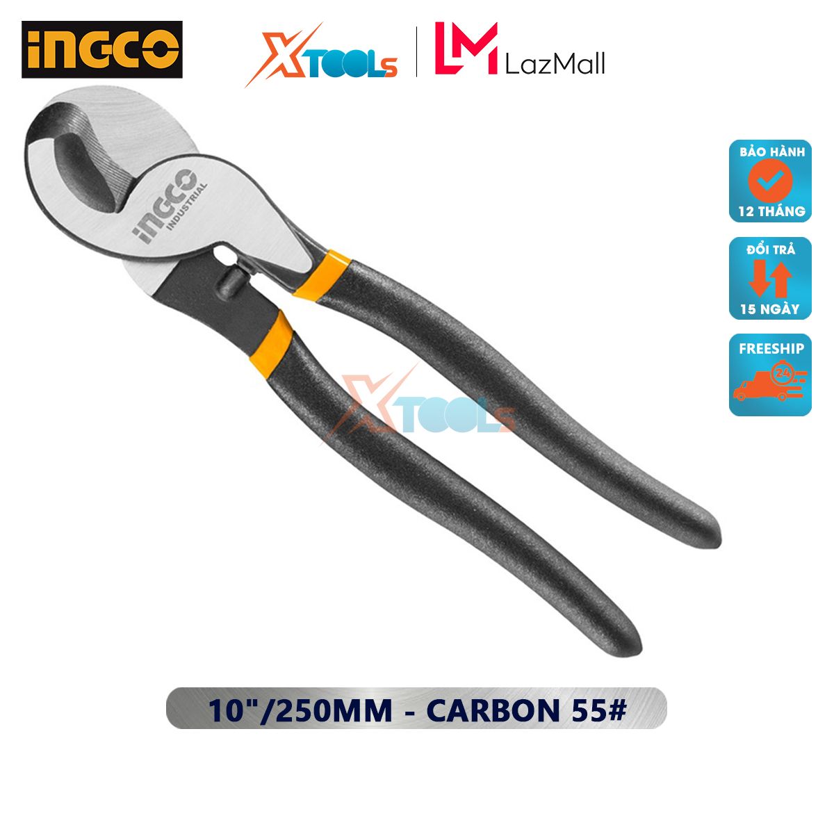 Kìm cắt cáp điện đầu lớn INGCO HHCCB0210 kềm có kích thước 10 inch/250mm cắt được các vật cứng như cáp đồng, dây thép, dây kẽm...