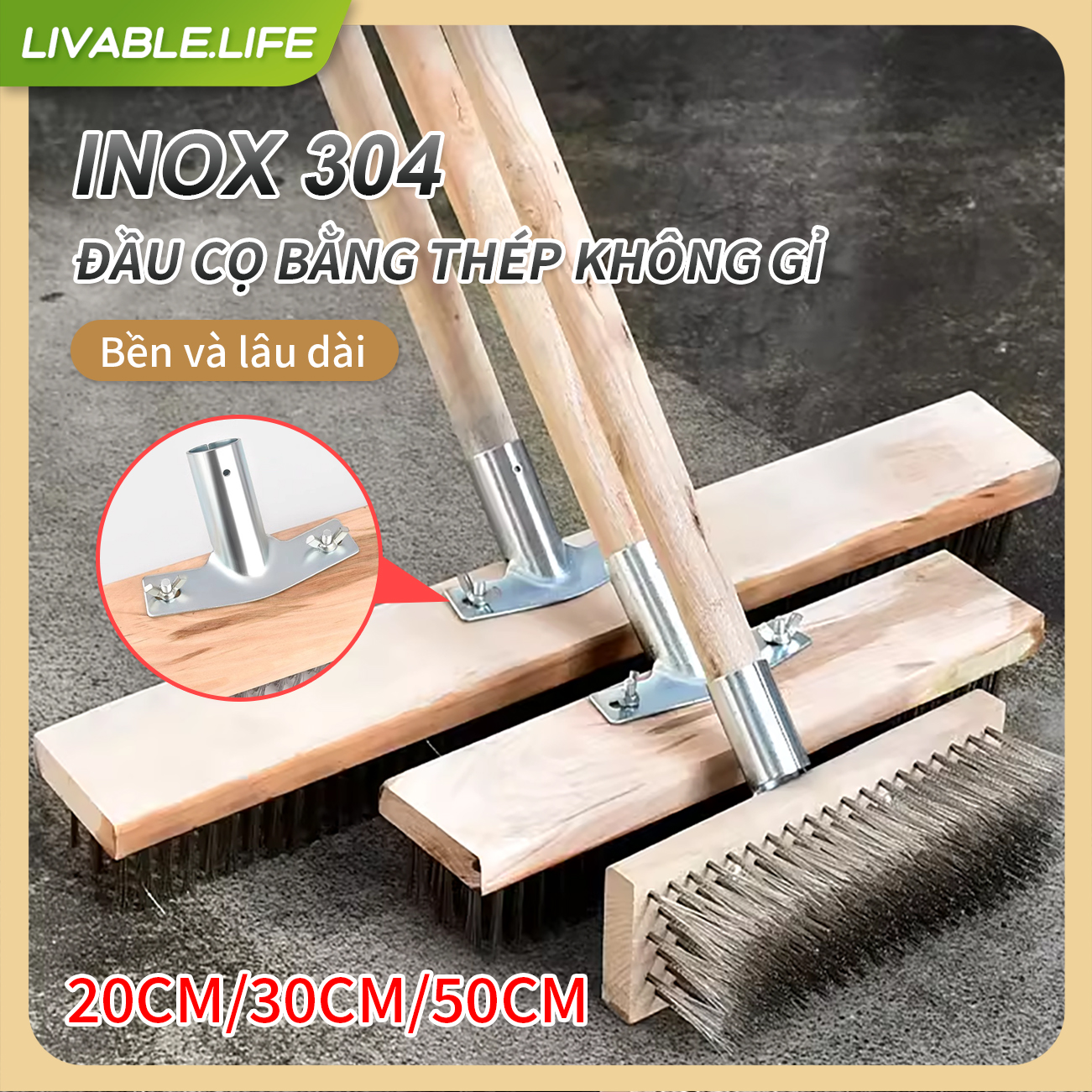 Chổi sắt mạ đồng 50cm/30cm/40cm sàn nhà sân vườn bể bơi chà cọ rong rêu ố vàng