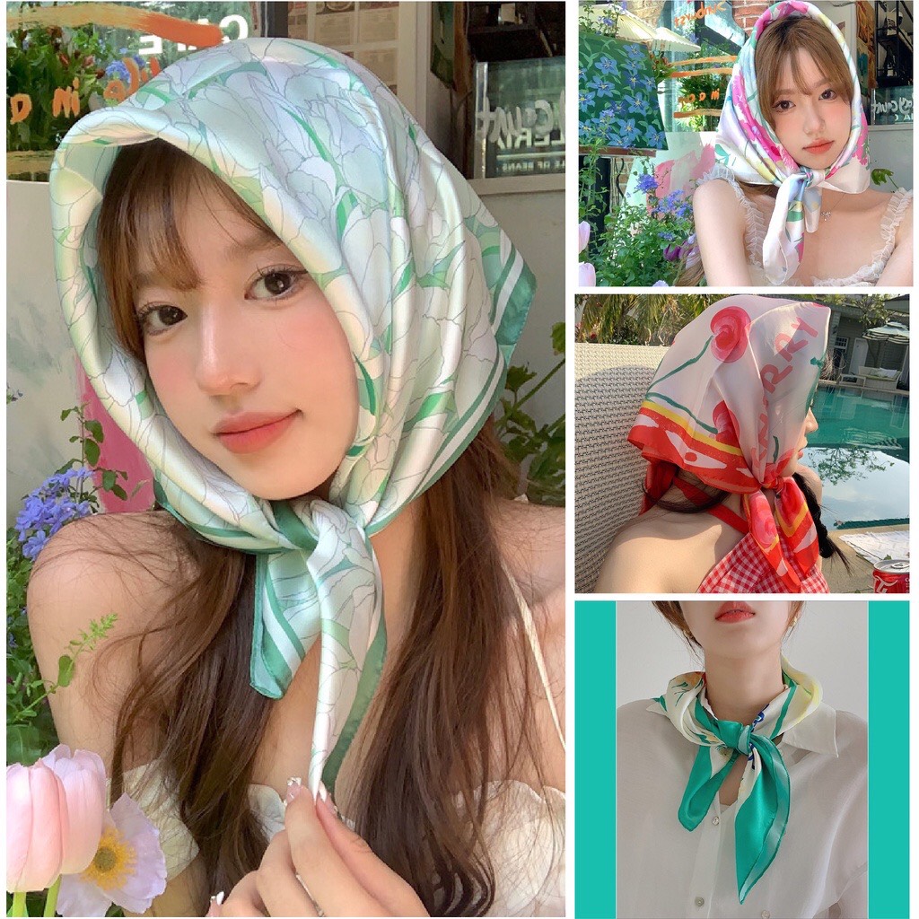 Nhiều mẫu khăn lụa vuông 70x70cm choàng cổ, khăn buộc tóc turban, khăn quàng cổ, bandana