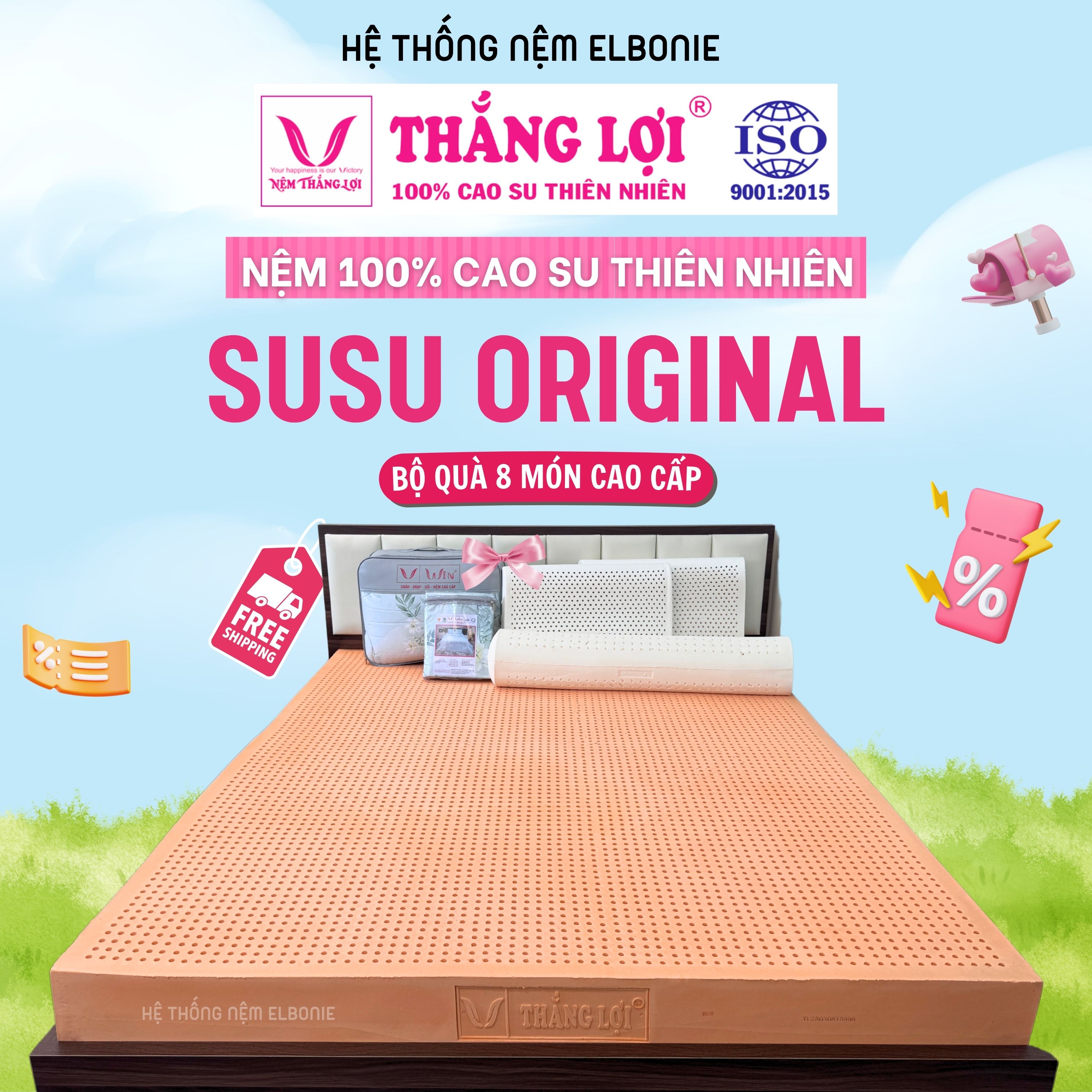 Nệm Cao Su Thiên Nhiên 100% SuSu Original Thắng Lợi "Chính Hãng" Đủ Size, Bảo Hành 20 Năm, Quà tặng Trị Giá (1tr5), Êm Ái, Đàn Hồi Tốt Co dãn 4 chiều thoáng mát,thấm hút,nân đỡ cột sống tối đa.