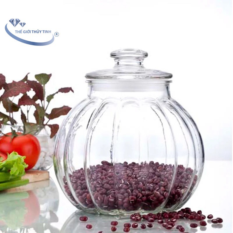 Hủ thủy tinh 1900ml  (1,9 LÍT)  hình trái bí đựng gia vị, các loại hạt. Hộp đựng thức phẩm có nắp an toàn - dung tích 1900 ml