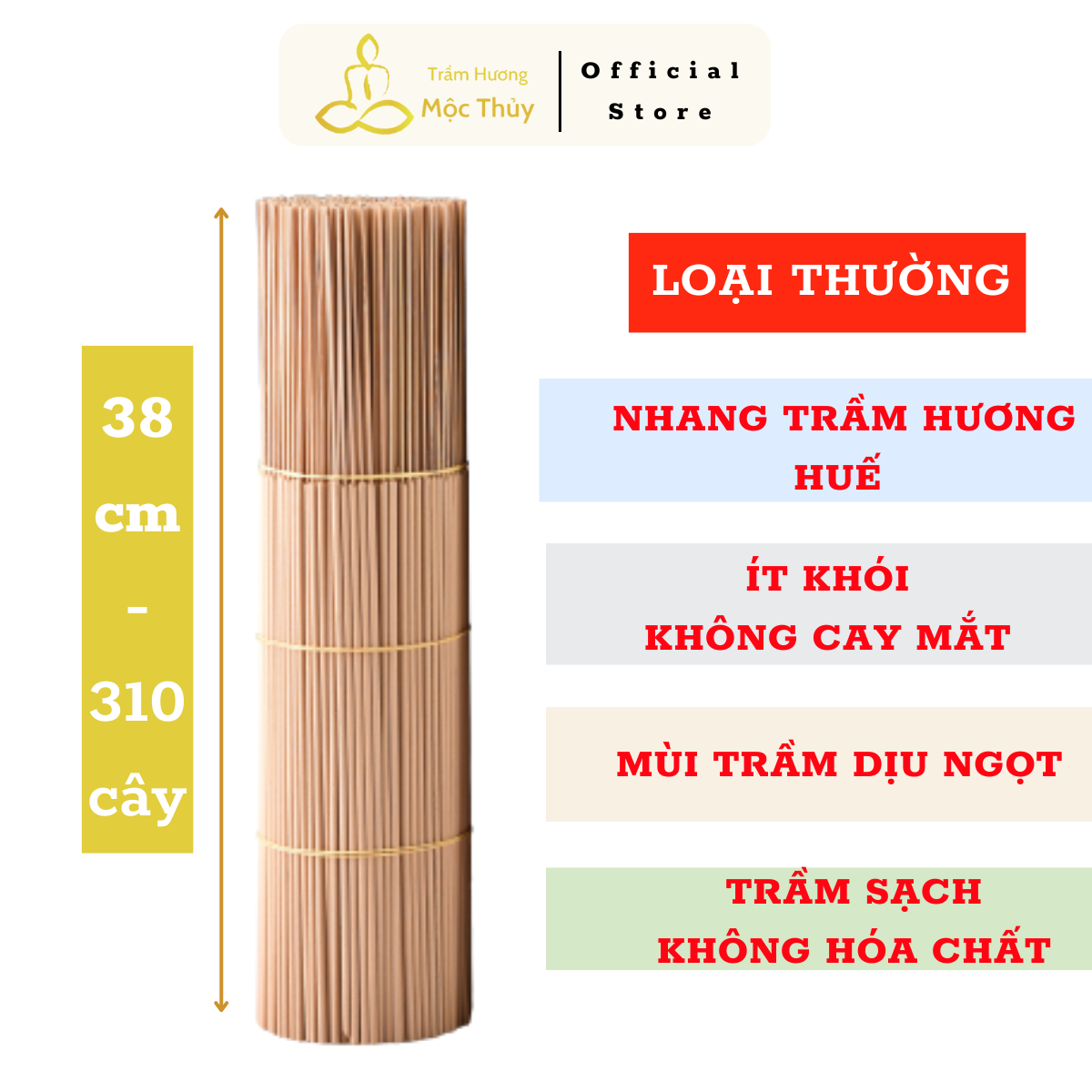 Nhang trầm hương Huế sạch ít khói Mộc Thuỷ Loại Thường bó 310 cây 38cm, nhang trầm hương cao cấp tự nhiên