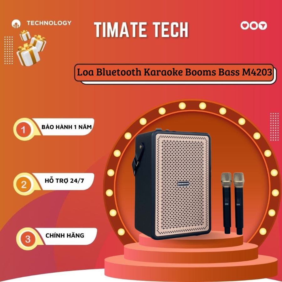 Loa Bluetooth Karaoke Booms Bass M4203 Tặng Kèm 2 Mic Không Dây Nghe Nhạc Cực Đã Âm Bass Cực Mạnh Loa Hát Nghe Nhạc Bass Strest Thiết Kế Mới Bảo Hành 12 Tháng TIMATE TECH