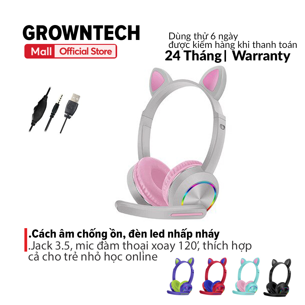 Tai nghe vi tính chụp tai akz 020 GrownTech thiết kế tai mèo phát sáng dễ thương tích hợp micro cho máy tính laptop
