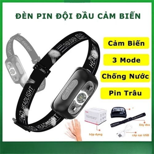 Couspan Đèn pin đội đầu siêu sáng cảm ứng bằng tay 1 bóng LED, chống thấm nước IPX6, đèn đeo trán cảm biến pin trâu
