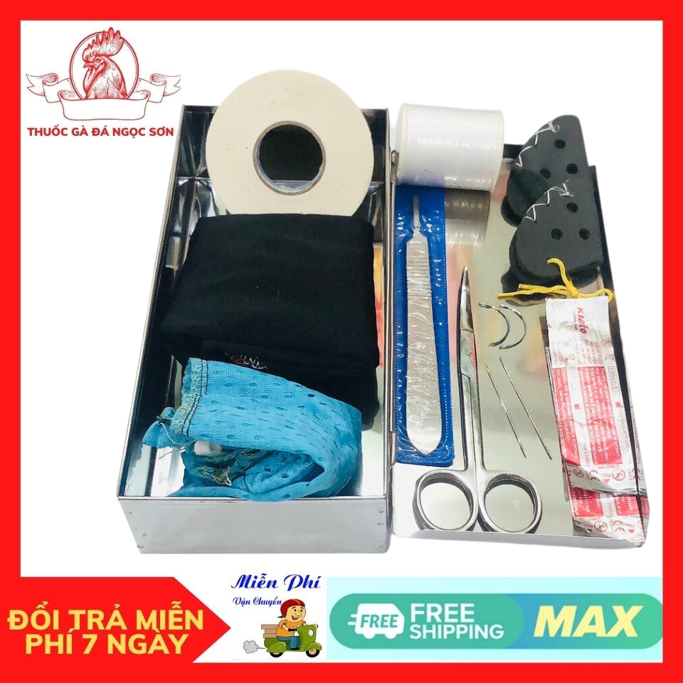 Hộp dụng cụ y tế cho gà. Bịt mỏ gà, băng dính cho gà.kéo cắt lông gà,11 chi tết hộp to 20cm
