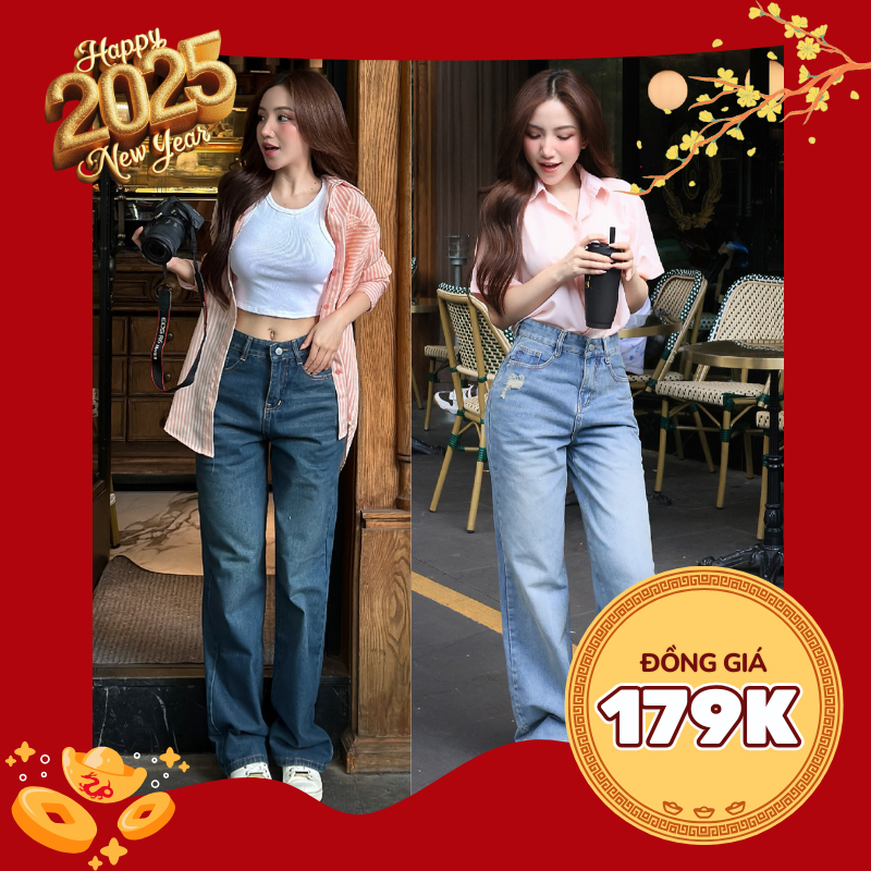 Quần jean nữ ống suông rộng TiQi Jeans wash màu rách nhẹ B2-336