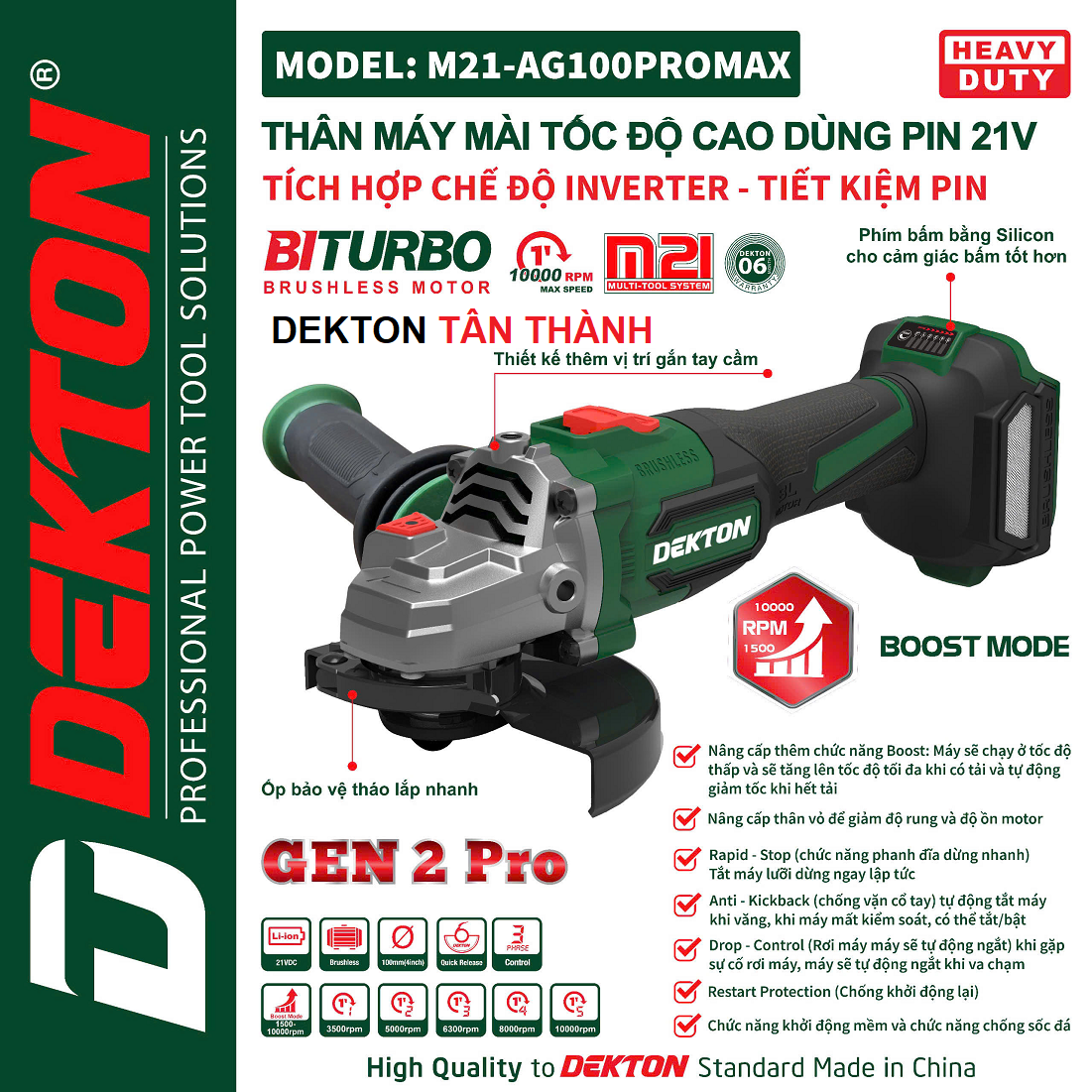 Máy cắt pin DEKTON M21 - AG100PROMAX Bản T10/2024 /Boost Function / Anti-Kickback / Thắng Rapid Stop