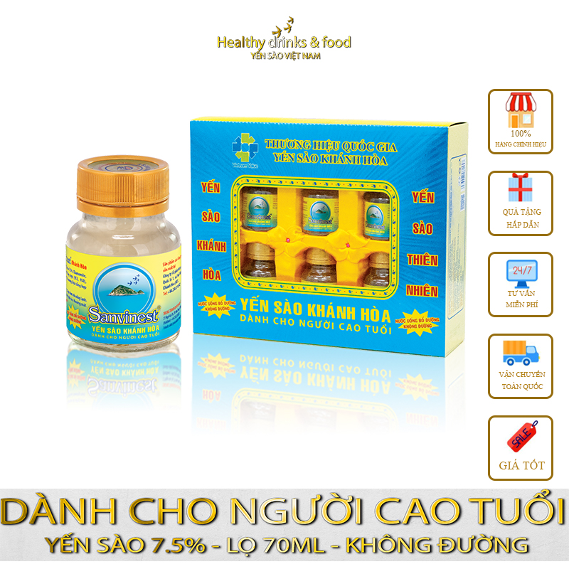 Nước yến sào cao cấp dành cho người cao tuổi không đường yến sào khánh hòa Sanvinest hộp quà tặng 06 lọ 70ml 7.5% yến sào được chế biến từ tổ yến sào thiên nhiên nguyên chất